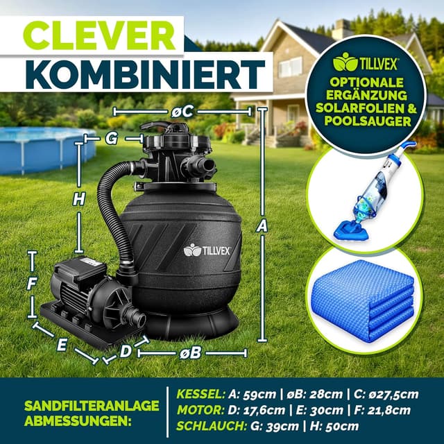 Detalle de tillvex® Sandfilteranlage Pool (7.900 l/h) inkl. 7-Wege-Ventil, Druckanzeige & 400 g Filterbälle
