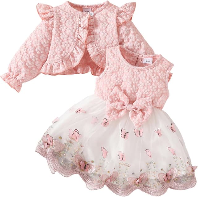 Detalle de JiAmy 2-Piece Baby Girls Dress and Cardigan Set (Sleeveless Floral Dress + Ruffle Cardigan) for 3 Months–3 Years