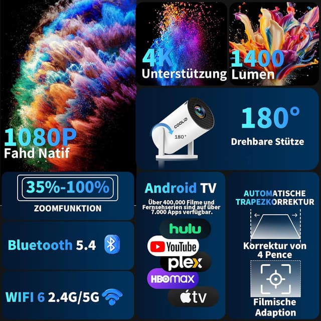 Thumbnail 1 de Tragbarer Mini-Beamer mit 4K/1080p, WiFi 6 & Bluetooth 5.4 – 1.400 Lumen, 180° drehbar, Weiß