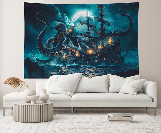 Detalle de 2.1m x 1.5m Halloween Pirate Ship Backdrop with Creepy Octopus (Nautical Horror Theme)