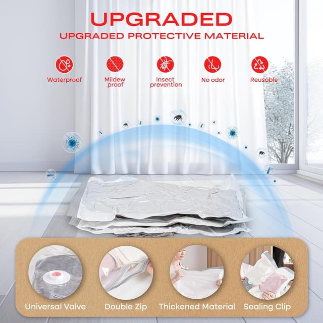 Detalle de Vacbird Sacchetti sottovuoto per vestiti con pompa elettrica, confezione da 8 (2 jumbo, 2 grandi, 2 medi, 2 piccoli)