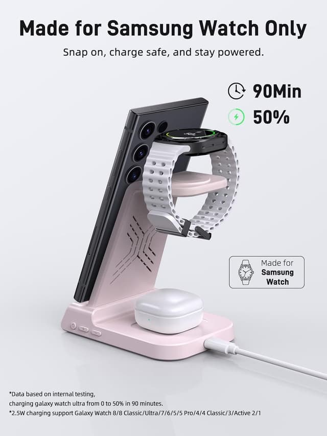 Detalle de Station de charge induction 3 en 1 Samsung : chargeur sans fil pour Galaxy S24 Ultra, Watch Ultra et Buds 3 Pro
