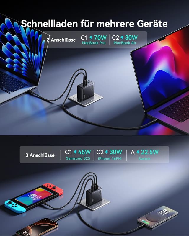 Detalle de INIU 100W 3‑Port USB‑C Ladegerät für Laptop und Handy