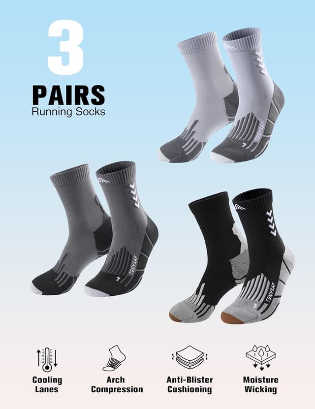 Detalle 2 de Compression Crew Running Socks with Cushion & Arch Support (3 Pairs) — Nylon/Polyester/Spandex Athletic Socks