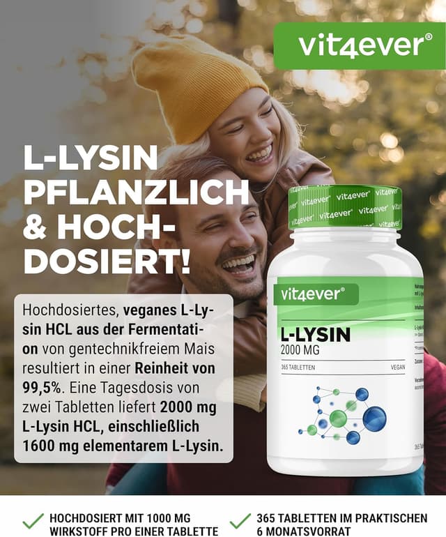 Detalle 2 de L-Lysin 2000 mg (365 Tabletten) – L-Lysin HCL aus pflanzlicher Fermentation, vegan