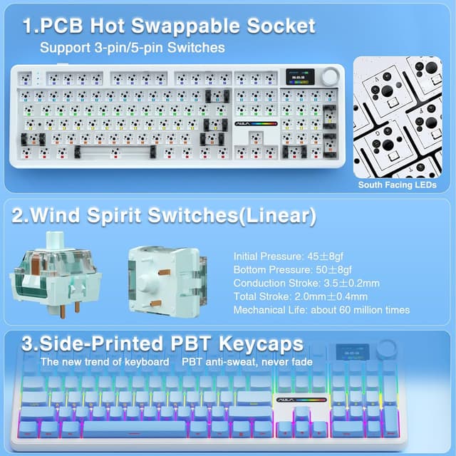 Detalle 2 de AULA F108 Pro Wireless Gaming Keyboard (Full Size) with TFT Display, Knob, RGB & Hot-Swappable Switches