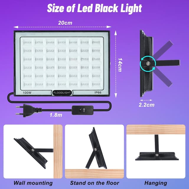 Detalle 2 de BOWEICORE UV Schwarzlicht 100W (2er-Set) – IP66 LED Blacklight für Party, Disco & Bühne