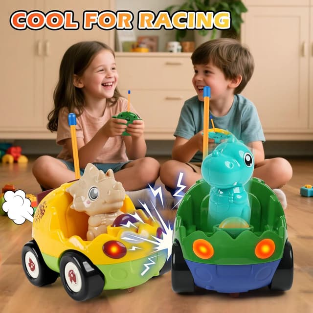 Detalle 1 de QPOU 2-Pack Remote Control Dinosaur Toy Car Set (with Lights & Music) for Kids 18+ Months