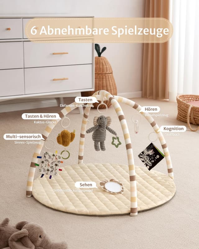 Detalle de Blissful Diary Spielbogen Baby Spieldecke (85 × 85 cm) mit 6 abnehmbaren Spielzeugen – Beige