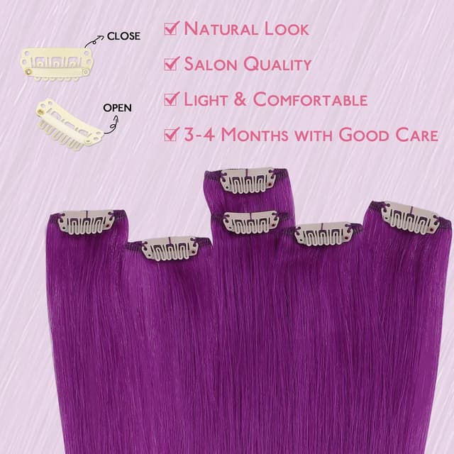 Detalle de WENNALIFE Lila Clip-in Extensions aus Remy-Echthaar (40 cm, 6 Stück/30 g)