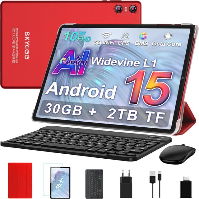 Detalle de SKYEGG Android 15 Tablet 10 Zoll (Gemini AI) mit Tastatur & Maus, 30 GB RAM, 5G WLAN, Widevine L1 – Rot