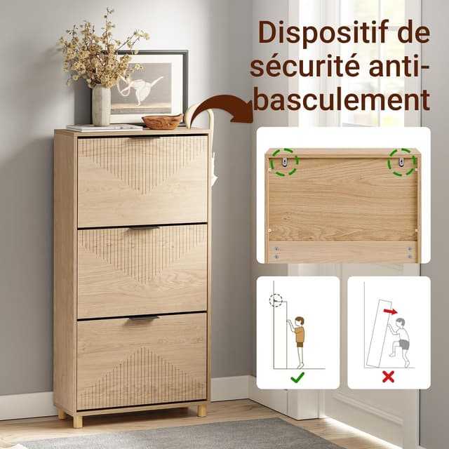 Detalle de SoBuy FSR213-N meuble à chaussures étroit 24 cm en bois nordique (60 x 24 x 120 cm)