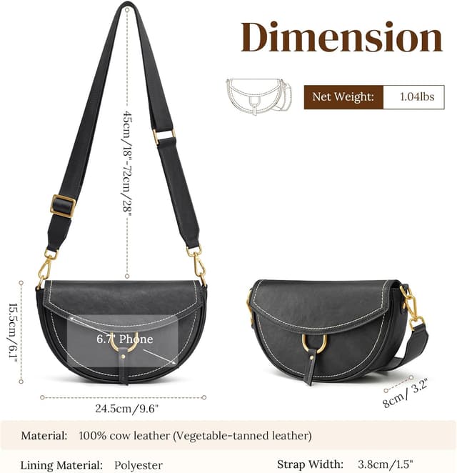 Detalle de S-ZONE top grain vegetable-tanned leather crossbody bag for women (small purse with adjustable wide strap)