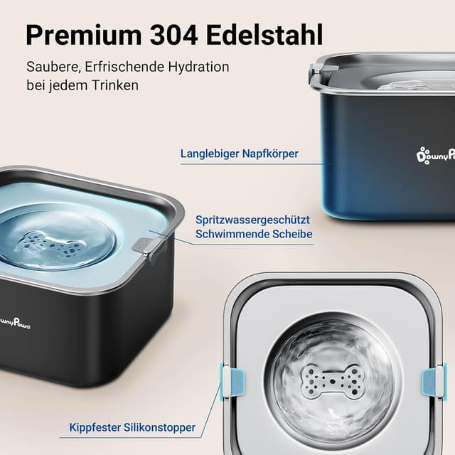 Detalle de DownyPaws Wassernapf für kleine & mittlere Hunde (ohne Sabbern), 3 L, 304 Edelstahl – Anti-Tropf, schwarz