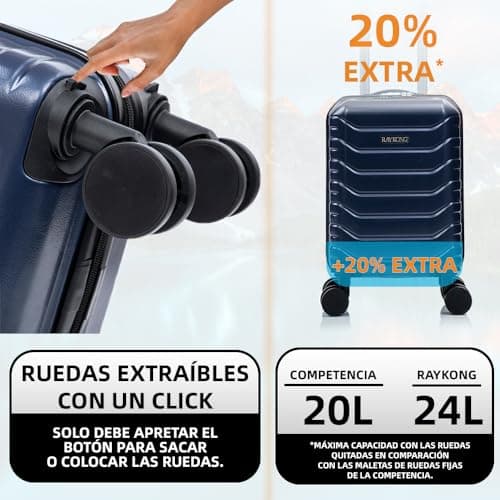 Detalle 2 de RAYKONG Maleta de cabina ABS 40x30x20 (24L) con ruedas desmontables y cerradura numérica – Azul marino