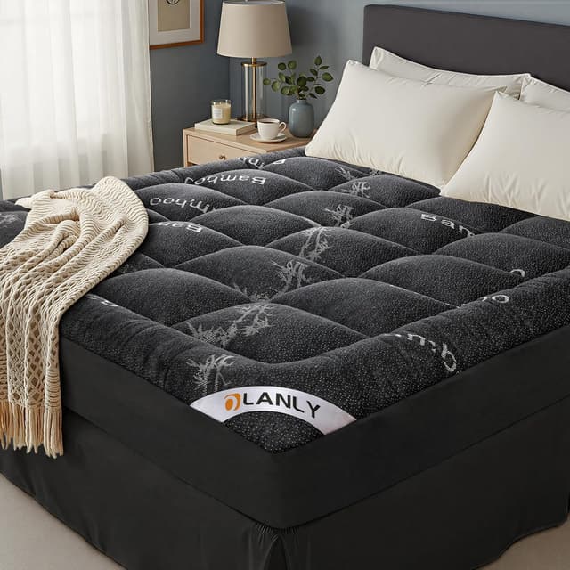 Detalle de OLANLY King Mattress Topper with Bamboo Viscose Cooling Comfort (Pillow Top, Deep Pocket) – Dark Gray