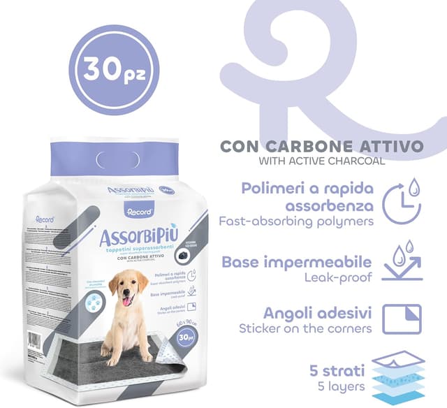 Detalle 2 de Record Hygienematten Absorbipiù Einweg-Hundeschläfer mit Aktivkohle (60x90 cm) – extra saugfähig, geruchsdicht, 30 Stück
