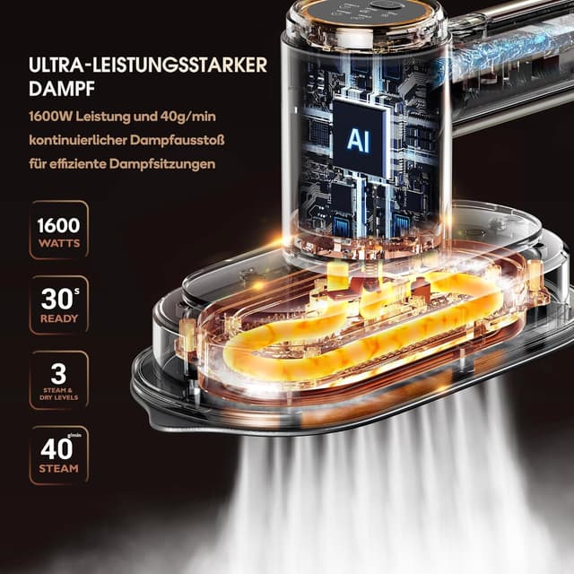 Detalle de Newbealer Dampfbügelstation mit 1600 W, 3 Dampfstufen, 1,2-l-Wassertank und Wandmontage (Gold)