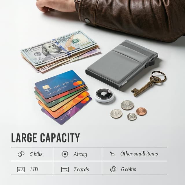 Detalle 2 de YESIIW minimalistische RFID-Brieftasche mit Pop-up Kartenhalter und Münzfach – schlankes Kartenetui für Herren (Grau)