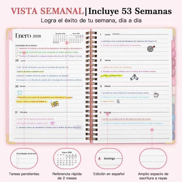 Detalle de Agenda 2026 en Español con planificador semanal