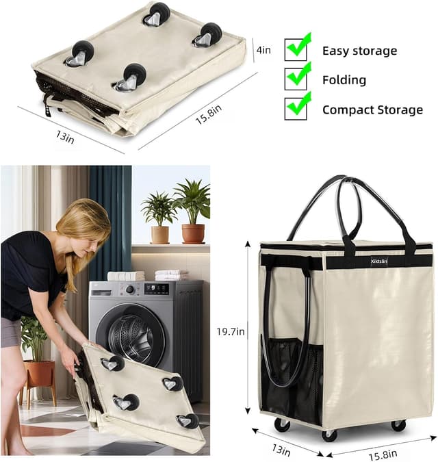 Detalle 2 de (Medium, Beige) Reusable Grocery Bag on 4 Wheels Rolling Tote — Foldable Zip-Top Wheeled Shopping Cart Bag