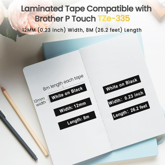 Detalle 2 de Markurlife TZe 335 12 mm Schriftband Weiß auf Schwarz