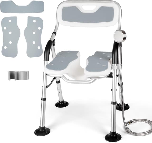 Detalle de DEWEL Chaise de douche pliable avec dossier et accoudoir, hauteur réglable (jusqu’à 150 kg), gris