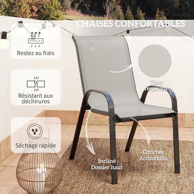 Detalle de Ensemble Outsunny 3 pièces pour salon extérieur : 2 fauteuils empilables + table basse en verre trempé (gris clair)