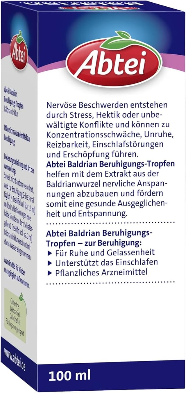 Detalle de Abtei Baldrian Beruhigungstropfen – pflanzliches Arzneimittel aus Baldrianwurzel, vegan, 100 ml