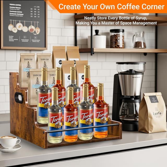 Detalle de YQBRAO 2 Pack 4-Tier Liquor Bottle Display Shelves (16-Inch) in Rustic Brown