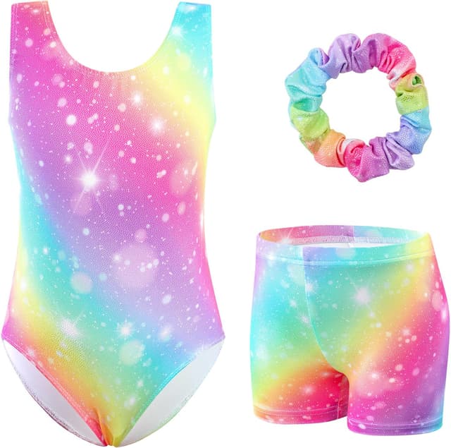 Detalle de XiaoMoSha girls’ three-piece gymnastics leotards set (sleeveless leotard, shorts and hairband), ages 3–12