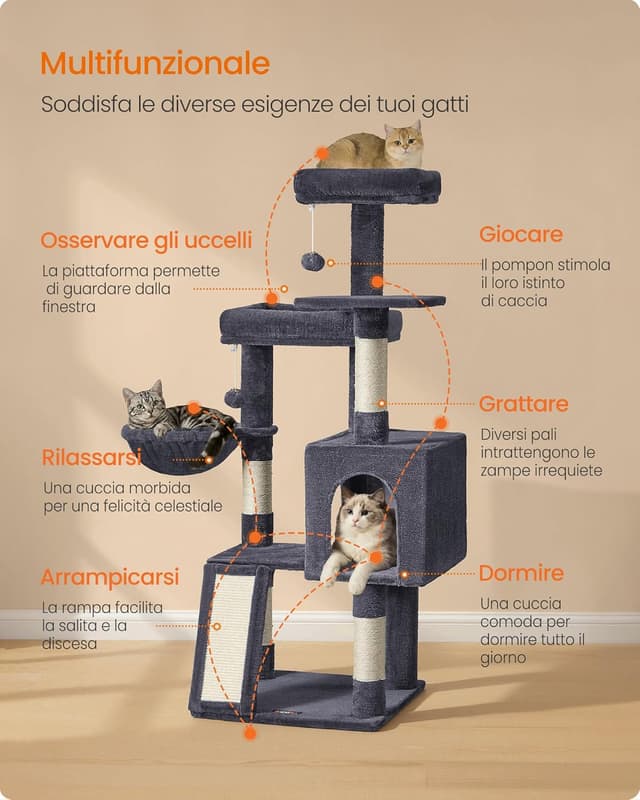 Detalle de Feandrea Albero Tiragraffi PCT012GS01 in grigio scuro: torre con 3 piattaforme e cuccia