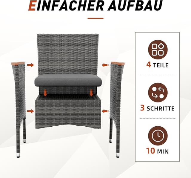 Detalle de UDPATIO Gartenstühle 2er-Set mit Kissen, wetterfestes Rattan und Hochlehner (Grau) – Outdoor Lounge für Balkon & Terrasse