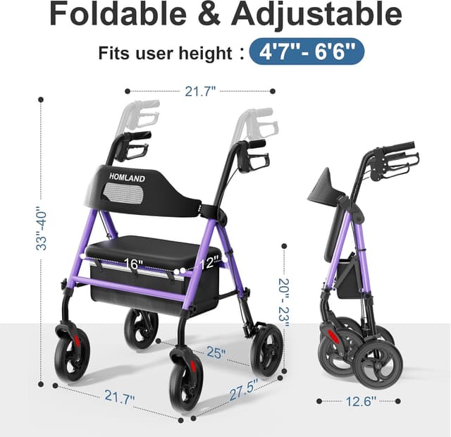 Detalle 2 de HOMLAND Rollator faltbar mit Sitz (R2) – schmal für Wohnung, bis 159 kg belastbar, lila