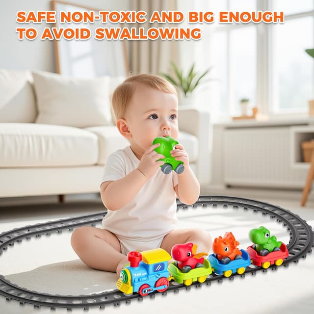 Detalle de Train Set for Toddlers with Steam, Music & Lights — Montessori Electric Train Toy with Dinosaur Cars & Tracks
