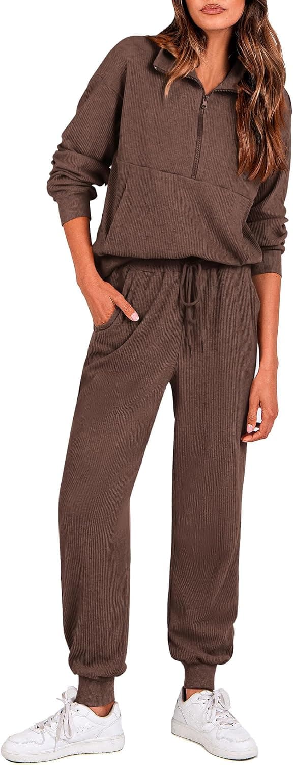 Detalle de PRETTYGARDEN Women’s Fall 2-Piece Lounge Set (Half-Zip Sweatshirt & Drawstring Jogger Pants)