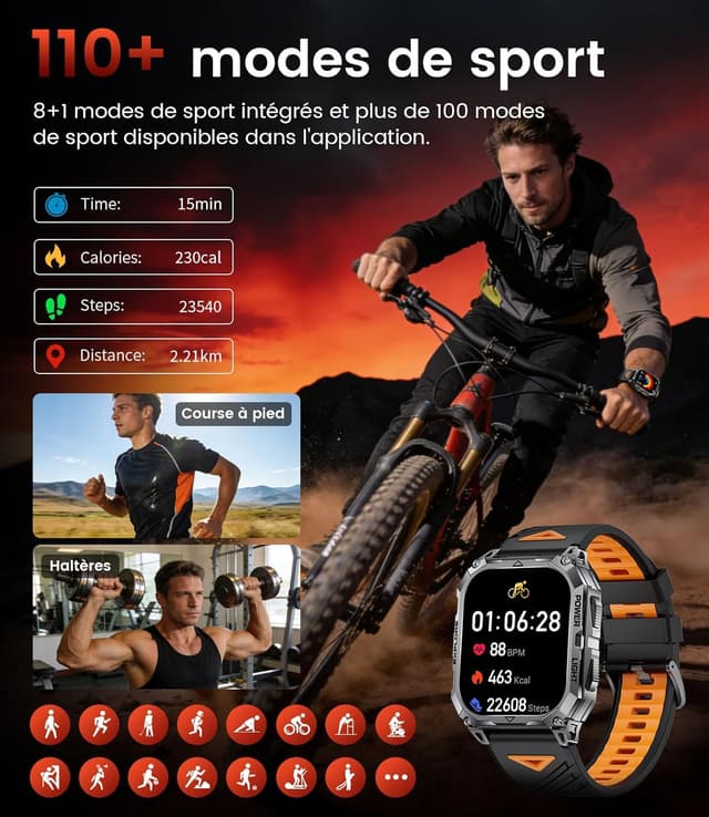 Detalle de FITFLEX Montre connectée Homme HD 2,01" avec Bluetooth pour appels, fréquence cardiaque et modes sport, IP68