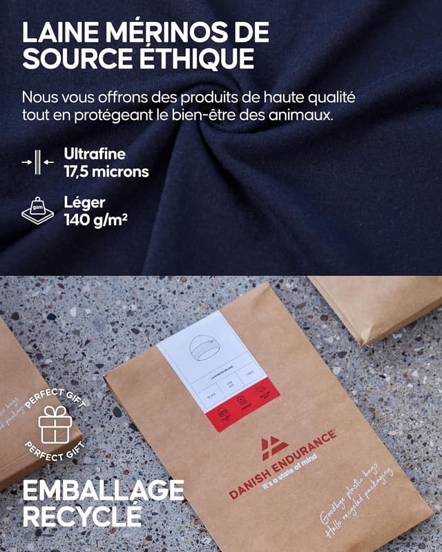 Detalle de Danish Endurance T-Shirt homme en laine mérinos 100% ultra légère (lot 1 ou 2)