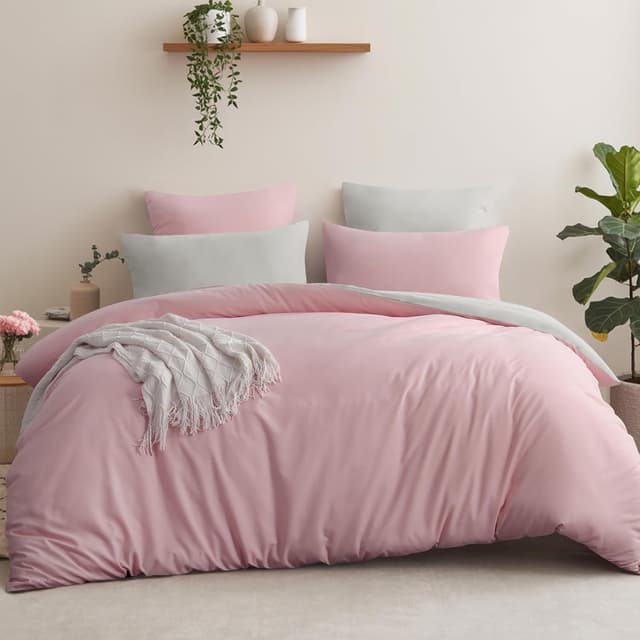 Detalle de Aisbo Bettwäsche 200x200 (3-teilig) Rosa/Beige – Wendebettwäsche aus Mikrofaser mit Reißverschluss