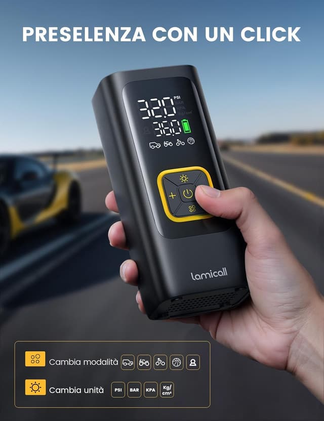 Detalle de Lamicall Pompa Elettrica per Bicicletta con Compressore Portatile 150 PSI, spegnimento automatico e luce LED