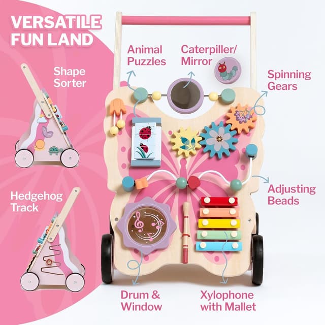 Detalle de Giant bean Lauflernwagen aus Holz im Schmetterlingsdesign (rosa) – Baby Walker ab 1 Jahr für Mädchen und Jungen