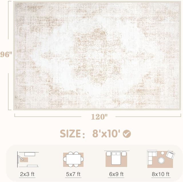 Detalle 2 de Vintage 8x10 Washable Area Rug (Beige) – Soft Low Pile, Non-Slip Backing