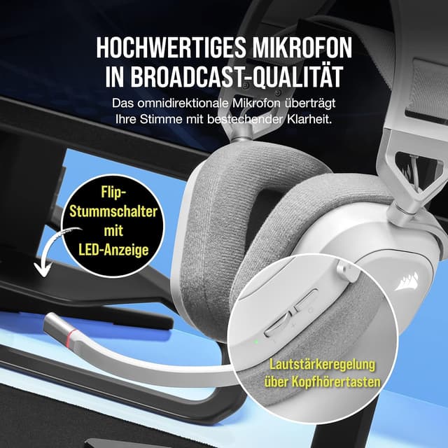 Detalle 2 de Corsair HS80 RGB Wireless Multiplattform Gaming-Headset (Dolby Atmos, iCUE, omnidirektionales Mikrofon) in Weiß