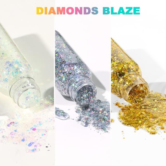 Detalle de URAQT Body Glitter Gel & Chunky Glitter Gel (weiß, silber, gold) – glitzerndes Pailletten-Bodygel für Gesicht, Haare, Lippen & Nägel