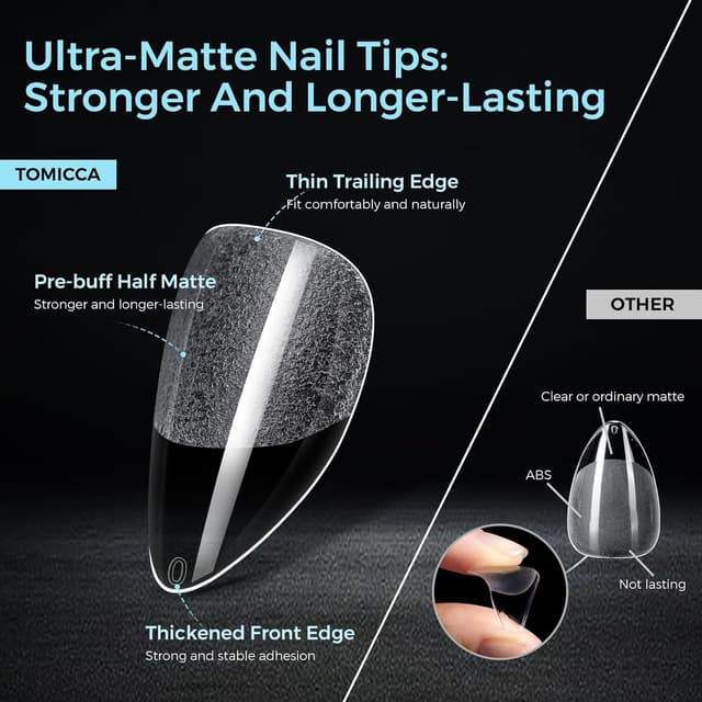 Detalle de TOMICCA kurze Mandel Nageltips 510 Stück (15 Größen) – ultra-matt Soft Nail Tips für Gel- oder Acrylic-Nagelverlängerung