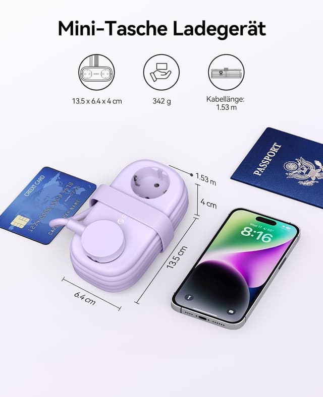 Detalle de ORICO Steckdosenleiste mit USB‑C PD 20W (AP3-Lila) – 2 Steckdosen + 3 USB, 1,5 m Kabel