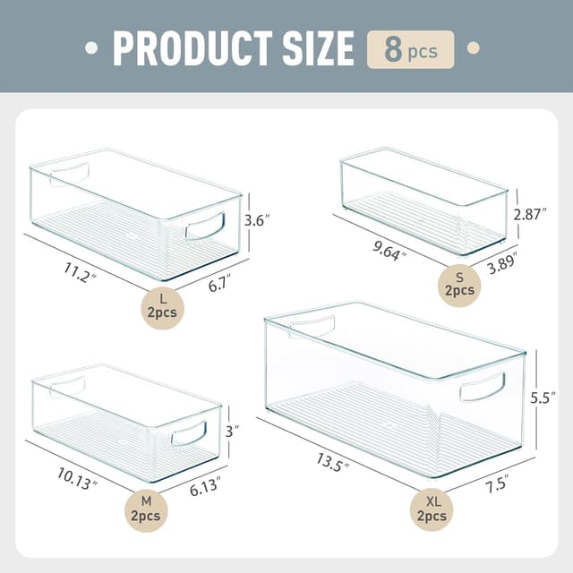 Detalle 2 de Heyuzb 8-Pack Freezer Organizer Bins (Stackable, Clear PETG) with Side Handles