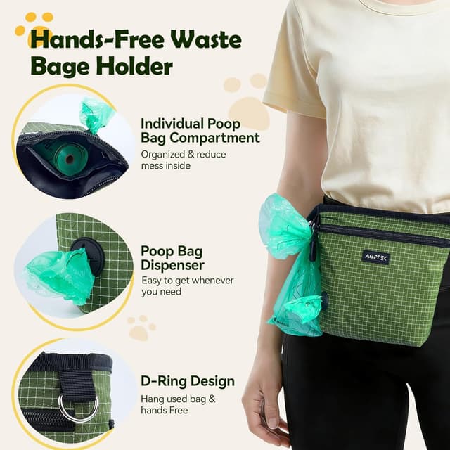 Detalle de AGPTEK sac à friandises pour chien avec fermeture magnétique et compartiments amovibles, vert