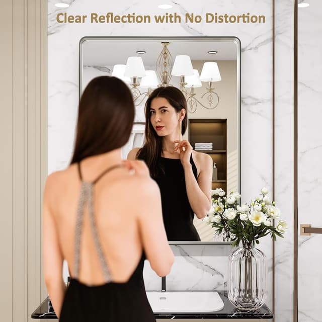 Detalle de LOAAO 24x36 Brushed Nickel Bathroom Mirror (Rounded Rectangle) — Clear, Anti-Rust Metal Frame