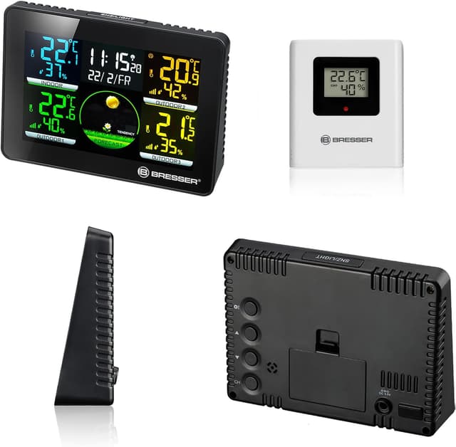 Detalle de Bresser Wetterstation Funk 7000023 mit Außensensor Thermo/Hygro Quadro NLX (3 Außenfühler, DCF, Farbdisplay)